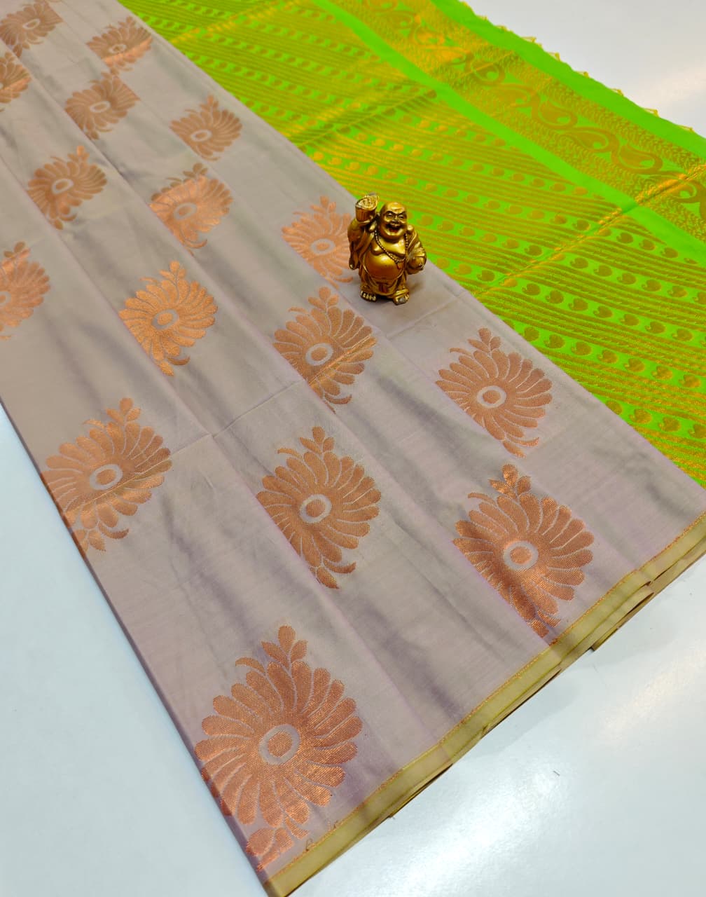 Pastel Grey Cotton Soft Silk Saree with Lime Green Zari Elegance